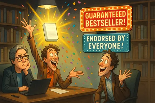 Three people sit at a table in a library. Two men celebrate as a glowing book floats, confetti falling. One holds up his hand, smiling widely. A third person looks unimpressed. Colorful signs above read “GUARANTEED BESTSELLER!” and “ENDORSED BY EVERYONE!”.