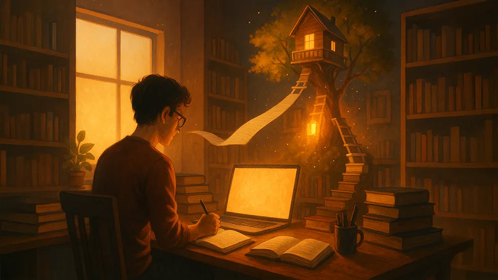 A successful author writes at a desk surrounded by books in a warmly lit library. A glowing laptop, key to your author platform, sends a magical paper trail to a treehouse aglow, blending reality and fantasy in this whimsical, imaginative scene.