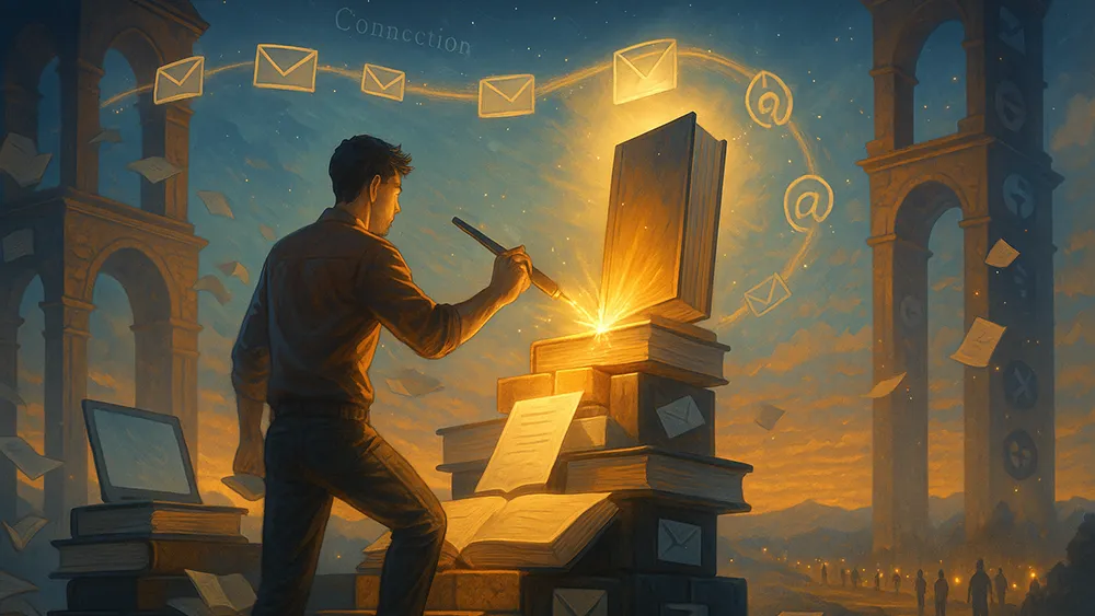 A man uses a glowing pen to write on an oversized book, surrounded by floating envelopes and books—symbols of launch new book energy. The word "Connection" swirls in the air, as sunset arches frame distant figures walking below a dramatic sky.