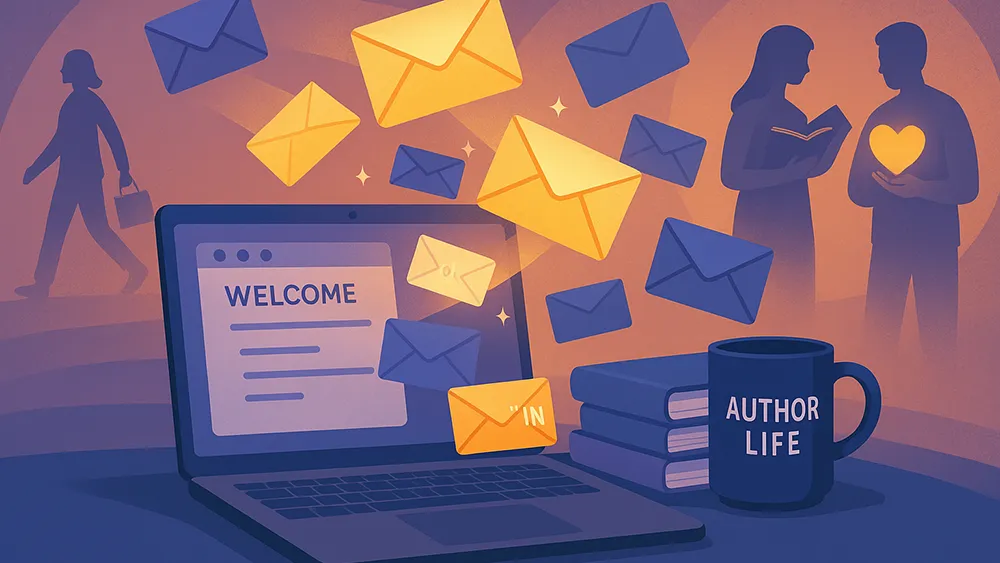 Illustration of a laptop displaying a “Welcome” message, surrounded by flying yellow and blue envelopes. A mug labeled “Author Life” sits beside two books. In the background, two people converse while another person walks away. The scene has a warm, creative atmosphere.
