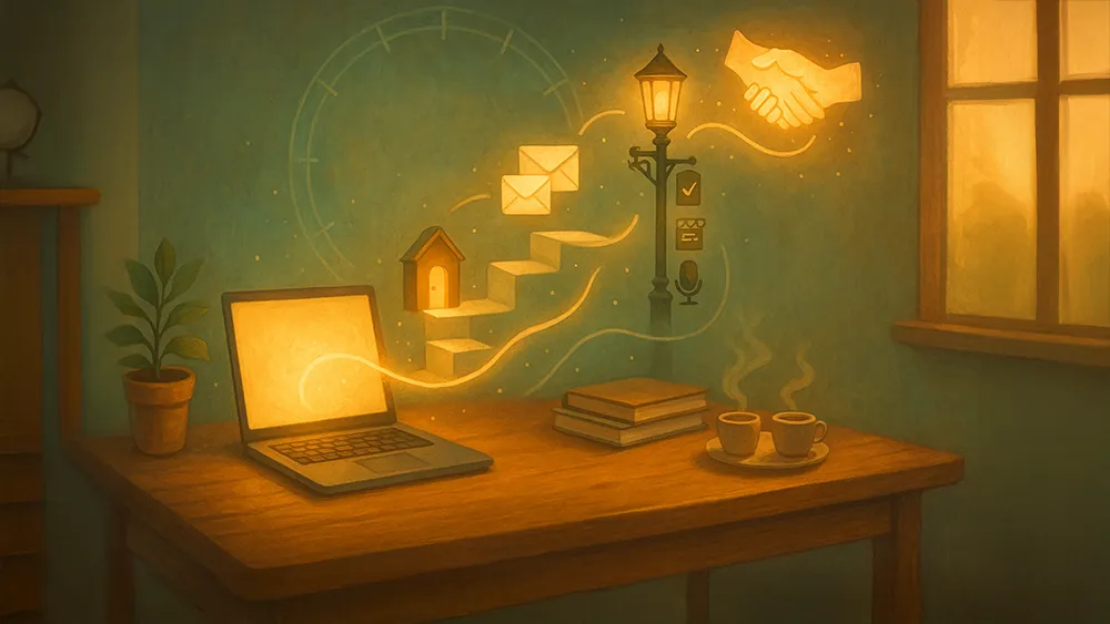 A glowing laptop on a wooden desk emits golden swirls forming digital icons, symbolizing your author platform. Nearby are two stacked books, two steaming coffee cups, a potted plant, and a window showing a warm sunset.