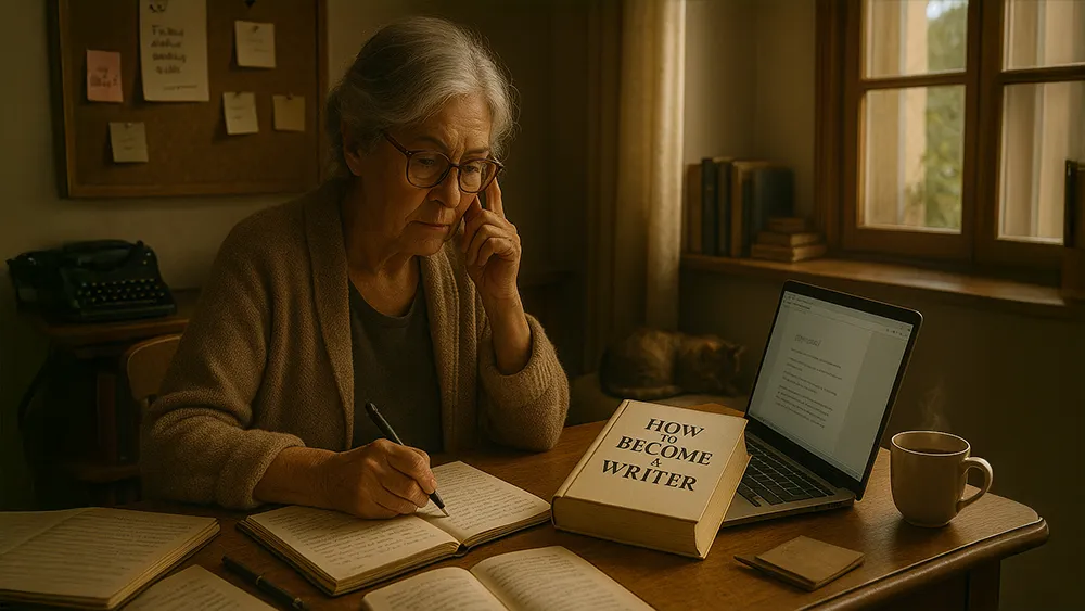 An elderly woman with gray hair and glasses sits at a desk, writing in a notebook. A book titled "How to Become a Writer," a laptop, a cup of coffee, and another notebook are on the desk. The room is warmly lit with a window and bookshelf in the background.