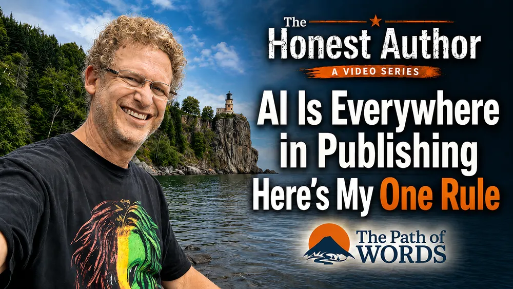 A smiling man with curly hair and glasses takes a selfie by a rocky lake shore with a lighthouse. Text reads: &ldquo;The Honest Author: AI Is Everywhere in Publishing, Here&rsquo;s My One Rule. The Path of Words.&rdquo; Blue sky with clouds overhead.