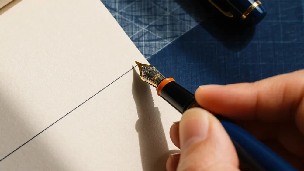A hand holding a blue and gold fountain pen draws a straight line on cream-colored paper. The pen&rsquo;s nib is close-up, and the background includes a blue textured surface and a pen cap.