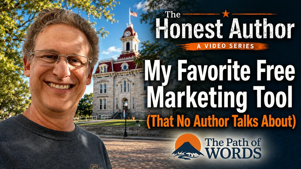 Smiling man with glasses poses in front of a courthouse and trees. Text reads: “The Honest Author: A Video Series. My Favorite Free Marketing Tool (That No Author Talks About). The Path of Words” with a mountain logo.