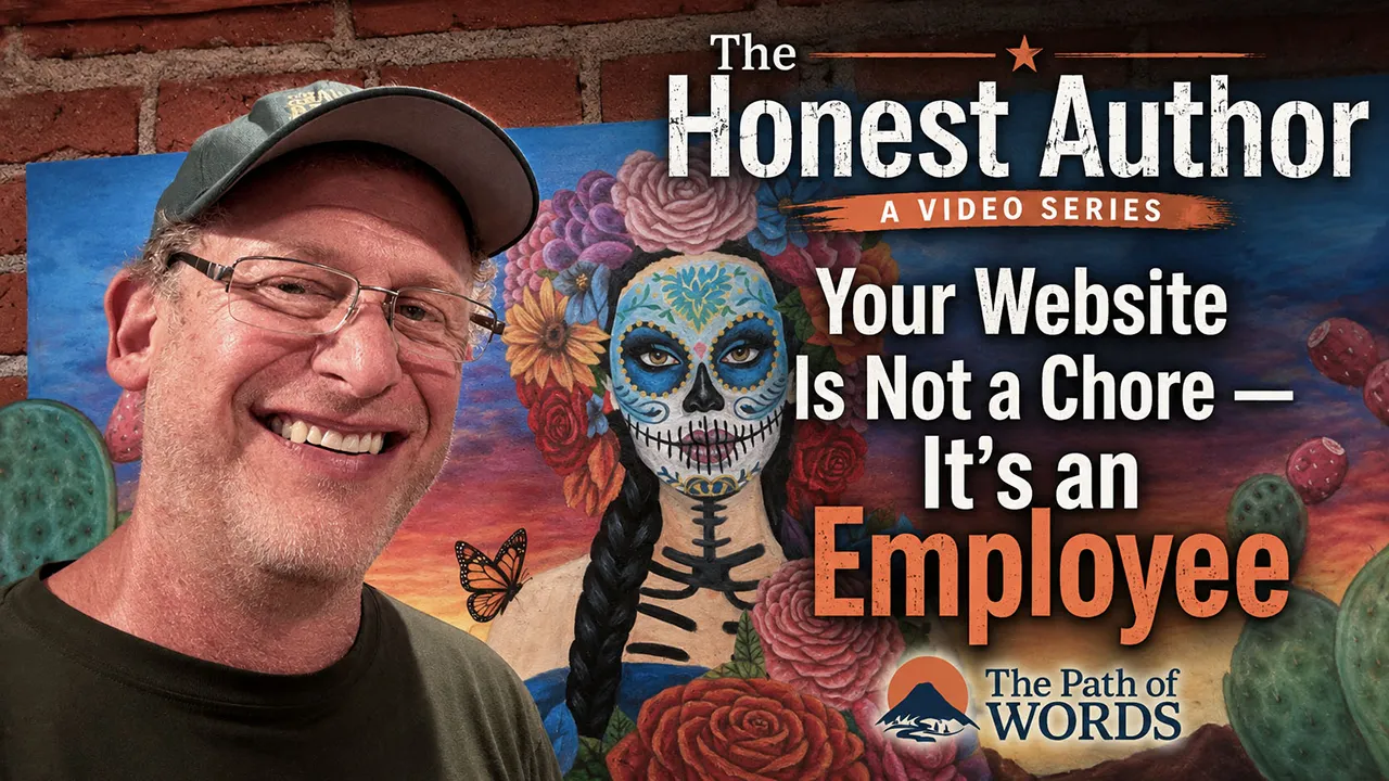 A smiling man in glasses and a cap stands before a colorful mural featuring a woman with a painted face, flowers, and a butterfly. Text reads: “The Honest Author,” “Your Website Is Not a Chore—It’s an Employee,” and “The Path of Words.”.