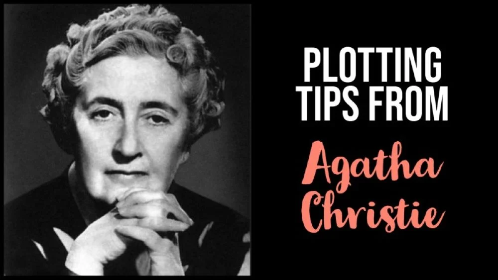 Black-and-white photo of an older woman with curled hair and hands under her chin. Beside her, white text reads “Plotting tips from” above “Agatha Christie” in pink script on a black background.