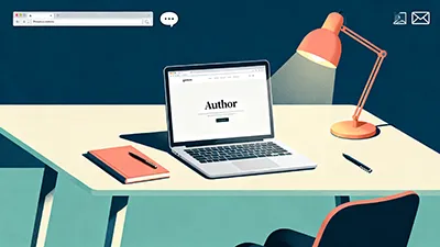 Illustration of a desk with a laptop displaying “Author,” a notebook with a pen, a second pen, an orange desk lamp, and a chair. Browser window, message, and email icons float in the background. The scene is in blue, orange, and cream tones.