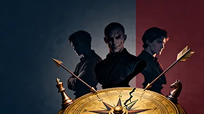 Three men stand against a split blue and red background. The two on either side face away with heads bowed, while the central figure faces forward, smirking. In front, a cracked golden compass with chess pieces and arrows is prominently displayed.