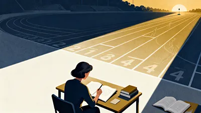 A person sits at a desk studying, with a bright path of light from their work stretching onto a racetrack, blending lane 4 into a sunlit horizon, symbolizing knowledge leading to future goals. Books and papers are on the desk and ground.