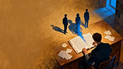 A person sits at a desk reading an open book, with scattered papers around. Three shadowy human figures and their shadows emerge from the book, suggesting imagination or storytelling. Warm lighting highlights the scene; bookshelves are visible in the background.