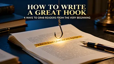 A fishhook hangs over open pages highlighted in yellow, with a fountain pen nearby. Large text reads, “How to Write a Great Hook: 4 Ways to Grab Readers from the Very Beginning.” Warm lighting creates a focused, inspiring atmosphere.