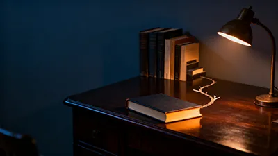 A dark wooden desk with a closed book in the center, several upright books against the wall, and a black desk lamp casting a warm light on the desk’s surface. The wall behind is blue, and the atmosphere feels quiet and studious.