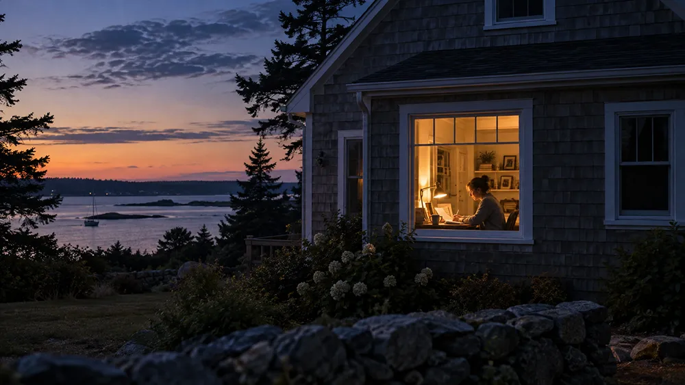 A person sits at a desk, illuminated by warm light inside a cozy house at dusk. Outside, a rocky yard leads to trees and a calm bay. The sky glows orange and blue as the sun sets over the water, creating a peaceful, secluded atmosphere.