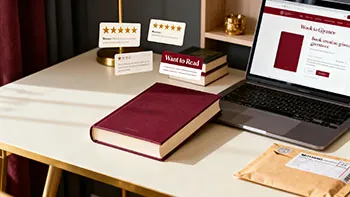 A closed maroon book sits on a tidy white desk beside a laptop displaying a book page. Two review cards, a stack of books, a lamp, and a mailer envelope are also on the desk. The setting suggests a quiet reading or book review workspace.