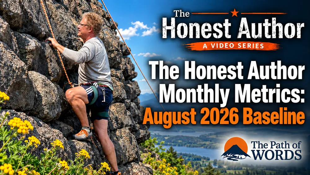 A man in athletic gear climbs a rocky cliff surrounded by yellow flowers. Blue sky and a lake with hills are visible in the background. Text reads: &ldquo;The Honest Author Monthly Metrics: August 2026 Baseline. The Path of Words.&rdquo;.