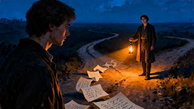 At night on a winding path, one man holds a lantern, illuminating scattered handwritten pages trailing toward another man in the foreground. The scene is dim, with blue and orange contrasting tones and an emotional, mysterious atmosphere.