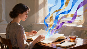 A woman reads a large open book at a sunlit desk; colorful, glowing ribbons of blue, gold, and purple rise from the pages. A cup of tea and a notebook with a pen sit nearby, emphasizing a magical and creative atmosphere.