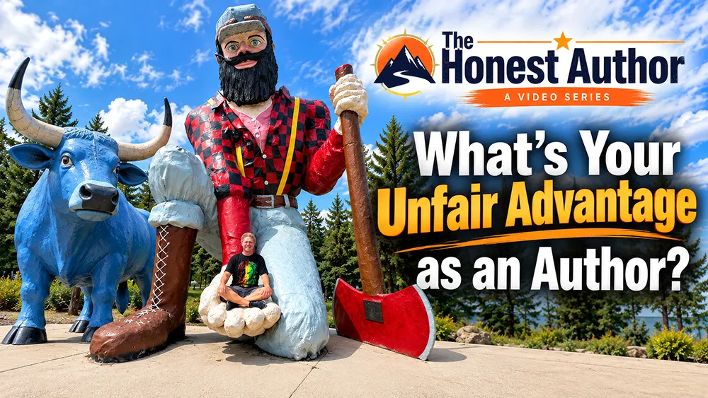 Shea sits in the hand of a giant Paul Bunyan statue with a blue ox beside him. Trees and sky are in the background. Text reads: &ldquo;The Honest Author: What&rsquo;s Your Unfair Advantage as an Author?&rdquo; with a small video series logo.