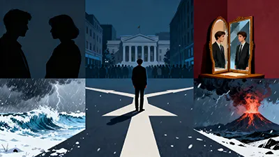 A collage shows: a silhouetted pair facing each other, a person before a white building, someone looking in a mirror, a stormy sea, a person at a fork in the road, and an erupting volcano, all suggesting moments of decision or self-reflection.
