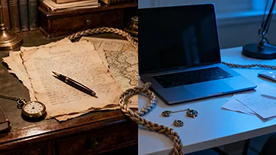 A split image: left side shows old papers, a pocket watch, pen, and map on a wooden desk; right side shows a modern laptop, lamp, glasses, and papers on a white desk. A thick rope curves across both desks, connecting the two scenes.