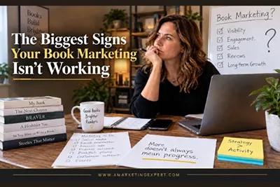 A woman sits at a desk with books, papers, and a laptop, looking thoughtful. Papers list marketing tips. A sign reads, “The Biggest Signs Your Book Marketing Isn’t Working.” A whiteboard says “Book Marketing?” with checkboxes like Visibility and Engagement.